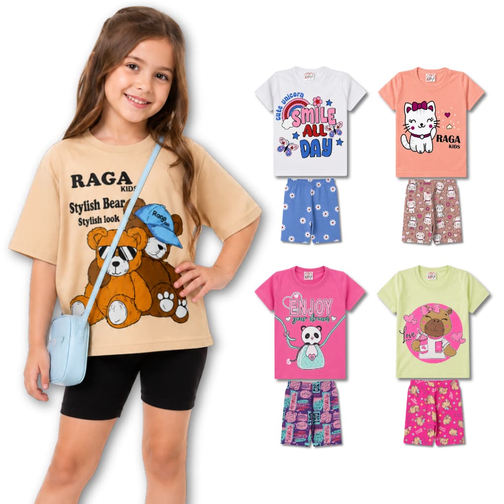 Kit 4 Conjuntos Roupa Infantil Juvenil Menina Verão 8 Peças 4 Blusas + 4 Shorts Sortidos Tam 1 ao 14