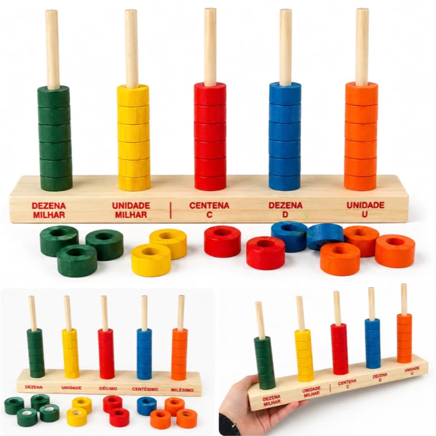 Ábaco Aberto Educativo com 5 Hastes e 50 Argolas de Madeira Colorida Brinquedo Educativo Toy Trade