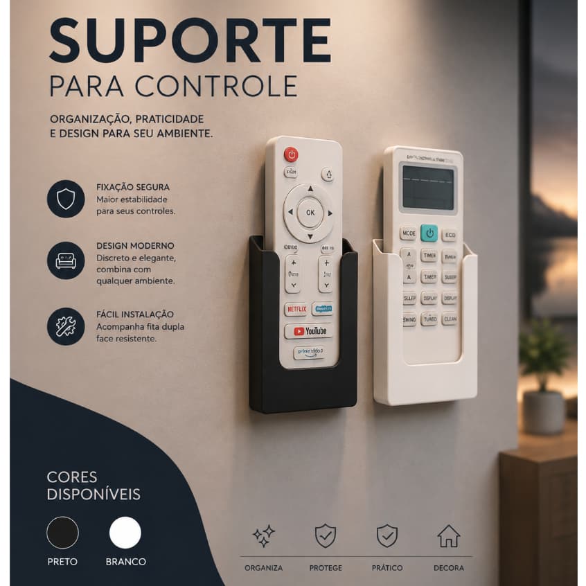 Suporte Porta Controle Remoto de Parede Ar Tv Universal Com Fita 3M Branco preto