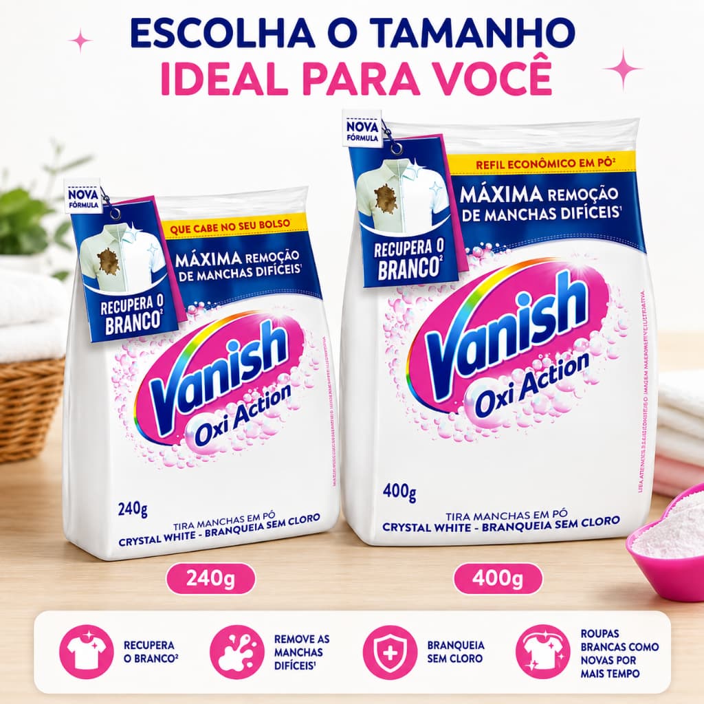 Tira Manchas Vanish em Pó Crystal White Oxi Action para roupas brancas Refil Econômico 240 - 400g