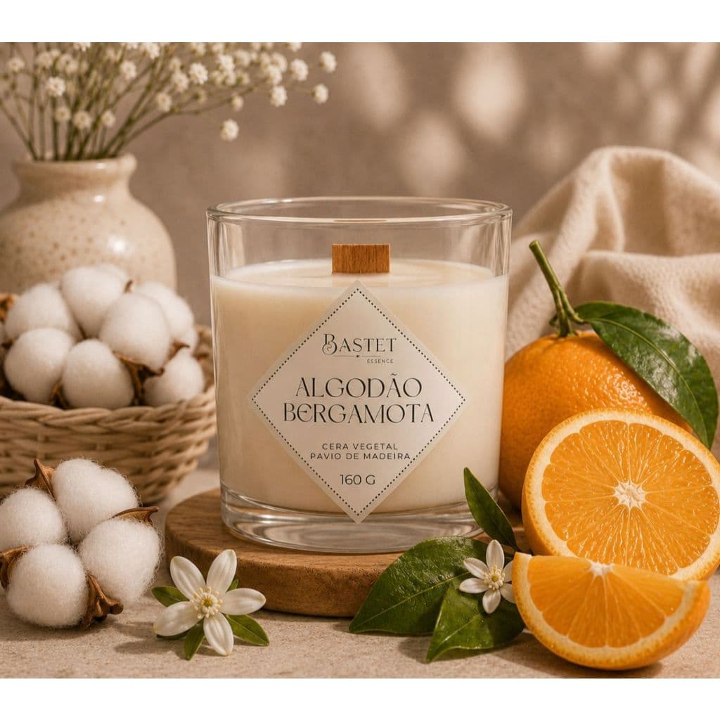 Vela Aromática Algodão Bergamota | Perfumada | Pavio de Madeira | 160 gramas | Cera de Coco | Vegetal