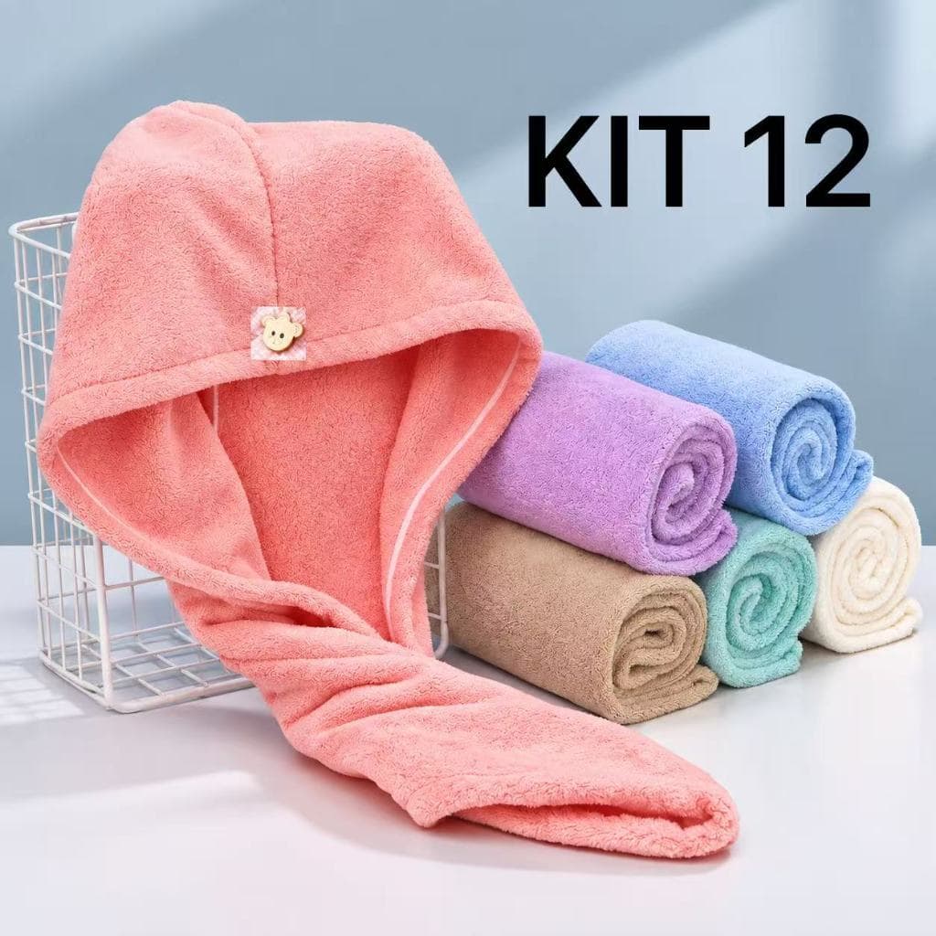 KIT12 Toalha Grossa Mágica Cabelo Secar Rápido Touca de banho de microfibra espessa cor Aleatória