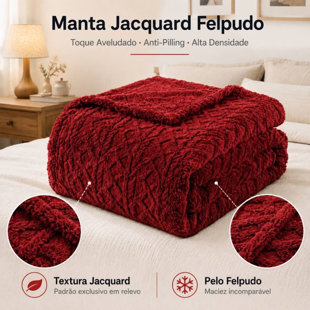Manta Jacquard Felpuda Vermelha Macia, Confortável e Elegante para frio e o inverno