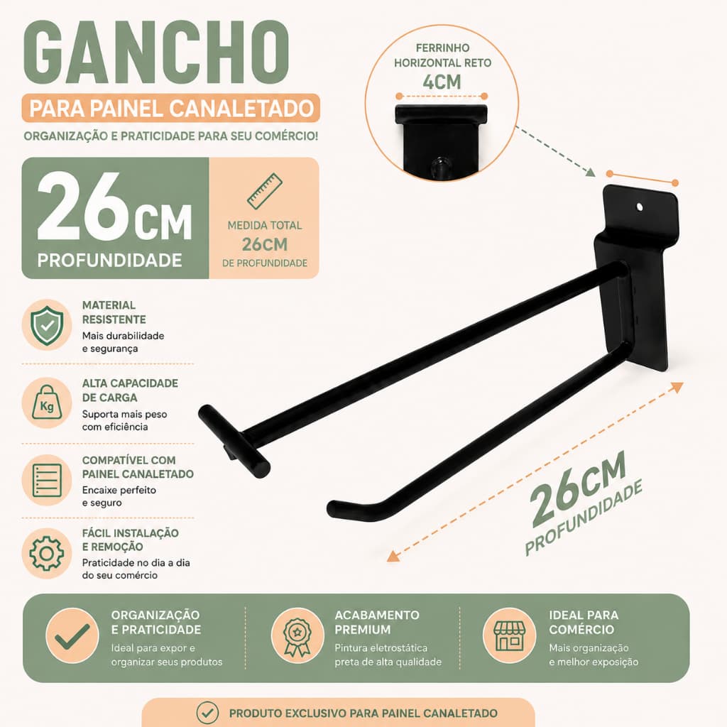 Kit 3/5/10 Ganchos Para Painel Canaletado 26 cm