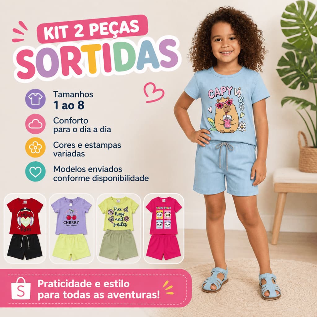 Kit 2 Peças Roupa Infantil Menina Verão Conjunto Feminino Camiseta Shorts Sortidos Tamanho 1 ao 8