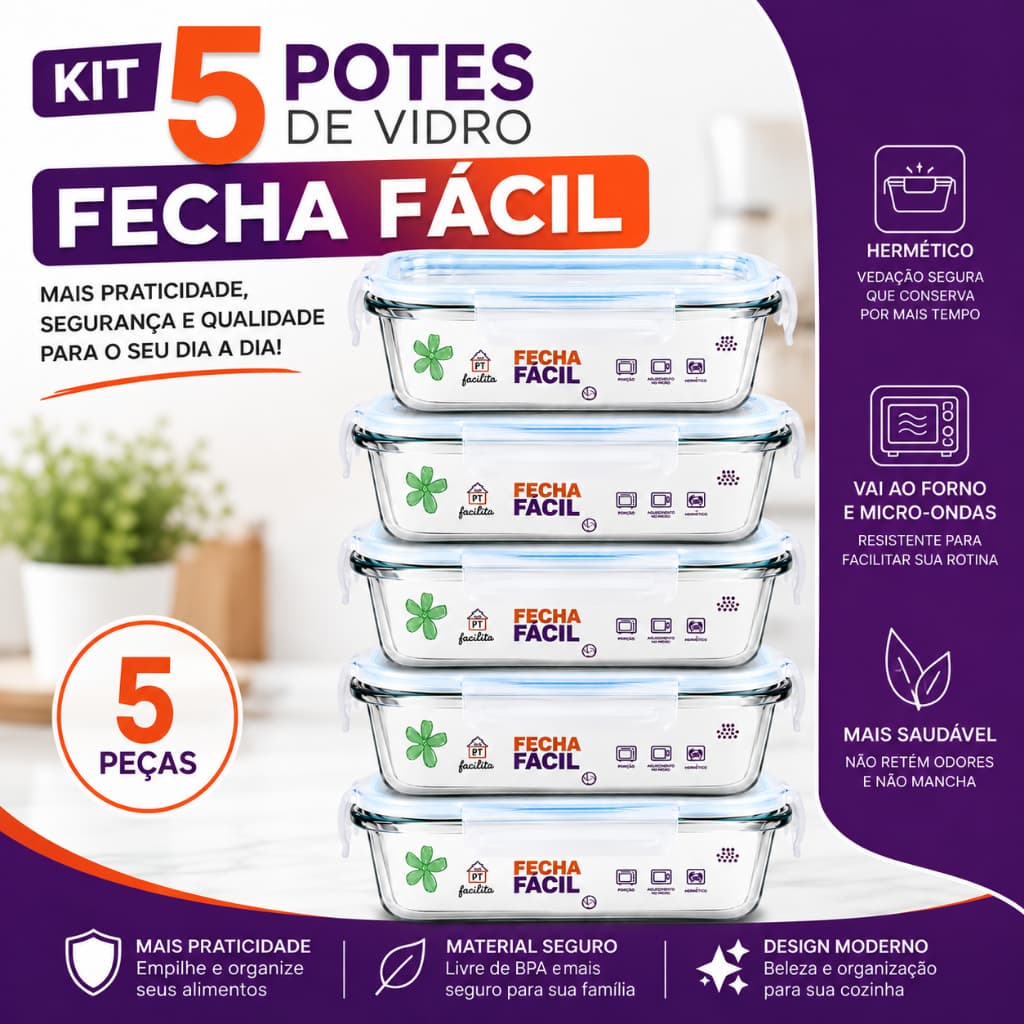 Kit Potes Herméticos de Vidro 500 ml Com Tampa Antivazamento Microondas e Forno