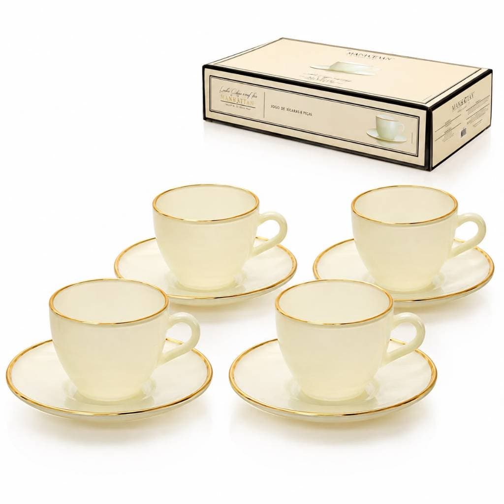 Jogo De Xicara C/ Pires 4 Unidades Translucido Borda dourada Jogo 4 Xícaras Café 85ml Vidro Branco Pires Filete Dourado