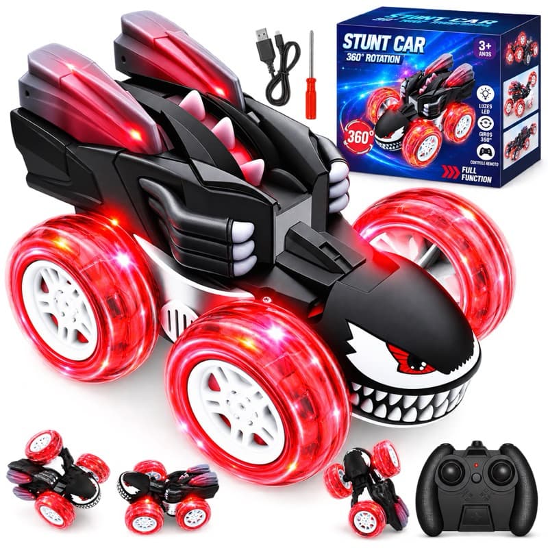 Carrinho Controle Remoto Acrobático Gira 360° Recarregável com Luzes LED Carro Maluco Infantil