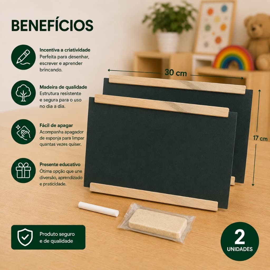 KIT 2 Lousas Infantis Samara 17x30 CM – Quadro Negro De Madeira Com Giz e Apagador.