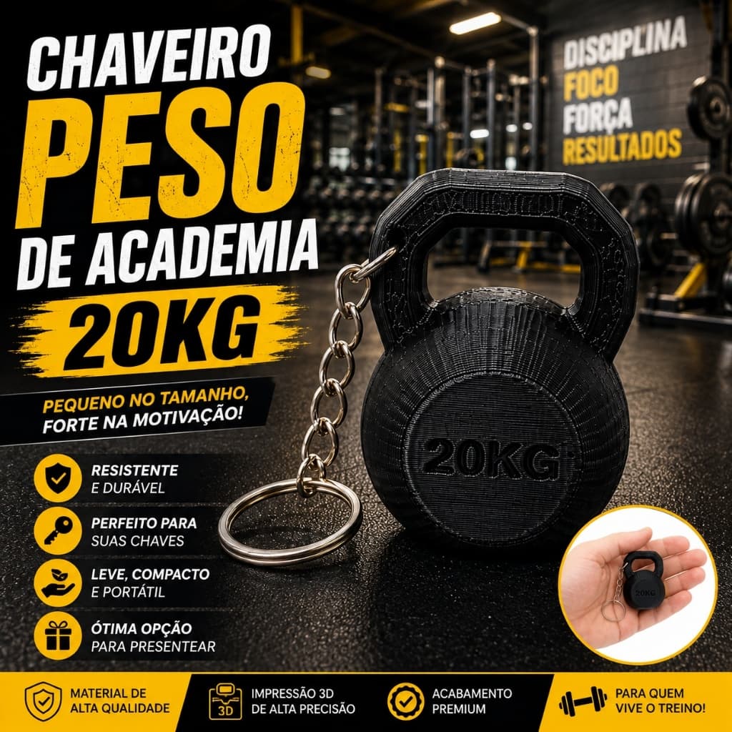 Chaveiro Peso Academia 20KG Kettlebell Fitness Musculação Impressão 3D