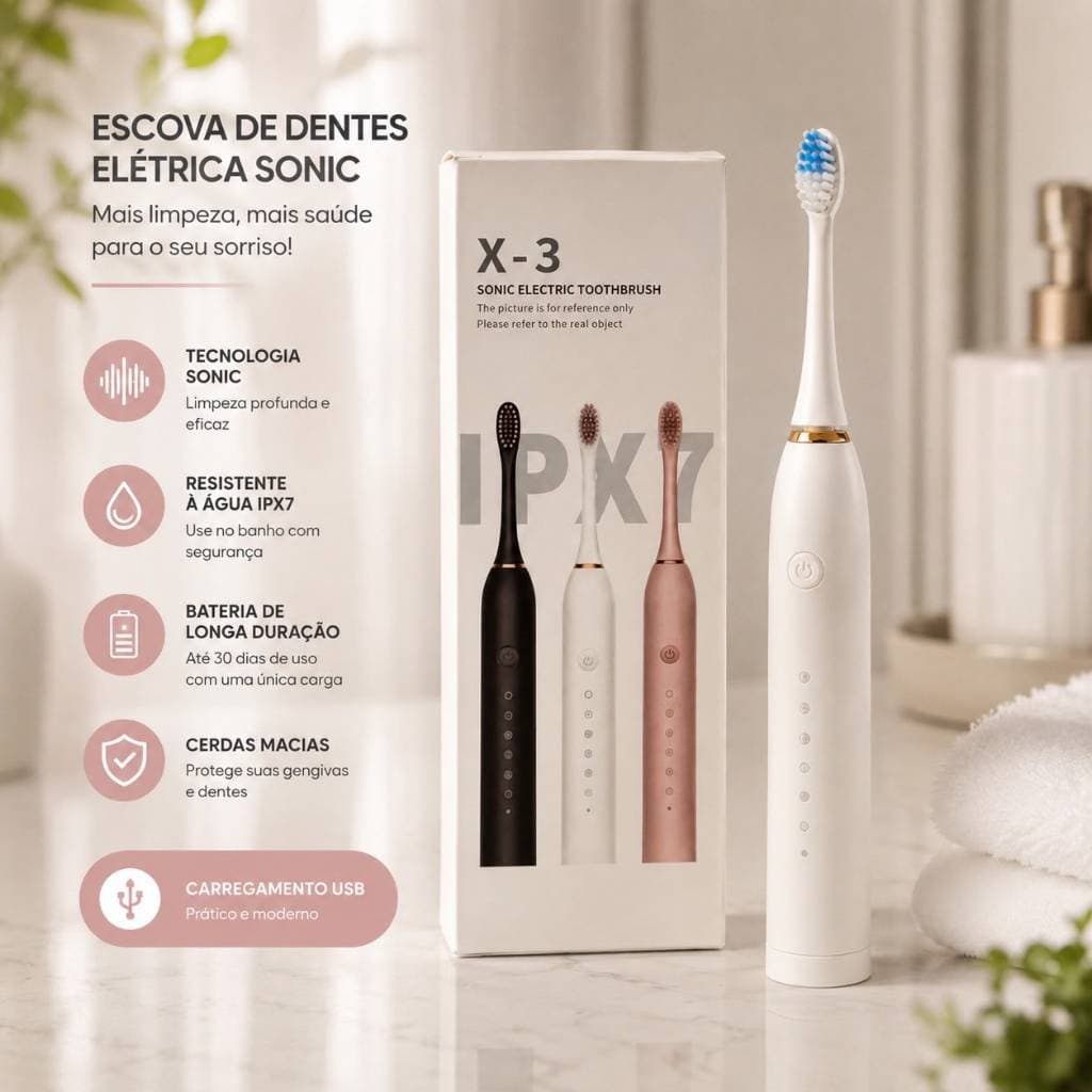 Escova Dental Elétrica Recarregável Sônica IPX7 5 Níveis + Estojo