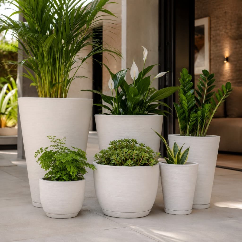 Kit 6 Vasos Para Plantas e Flores Coluna Cone Bojo Redondo com Prato Escovado Textura Grafiato Luxo