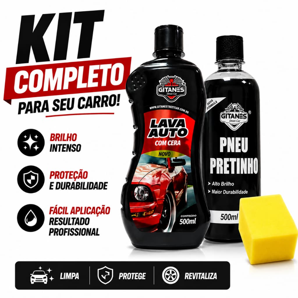KIT LIMPEZA SHAMPOO COM CERA 500ML /PRETINHO 500ML + APLICADOR AUTOMOVEIS E MOTOS