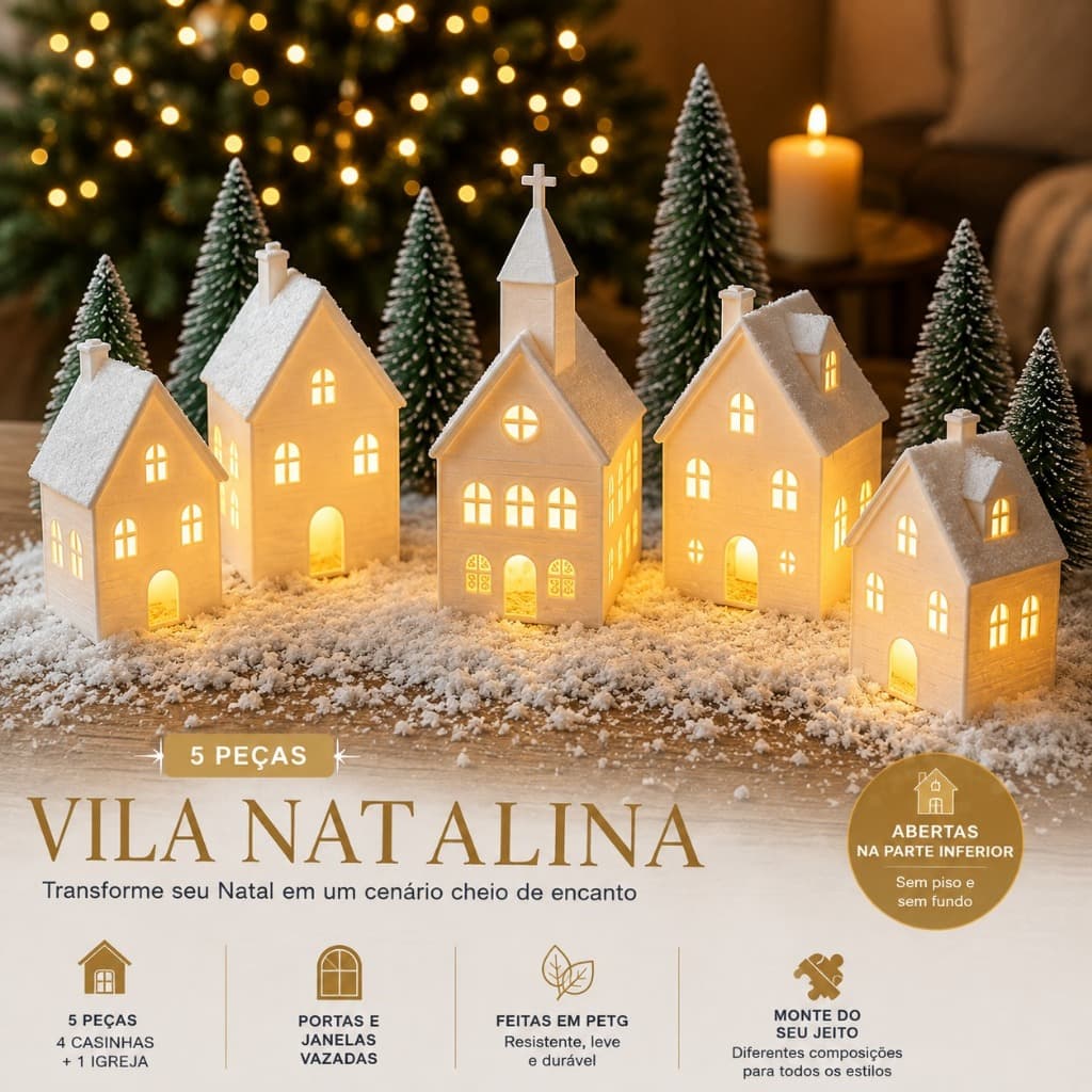 NATAL Vila Natalina 5 Casinhas Brancas Enfeite Decoração Natalina Cenário Vilarejo Igreja para Mesa Aparador Presente