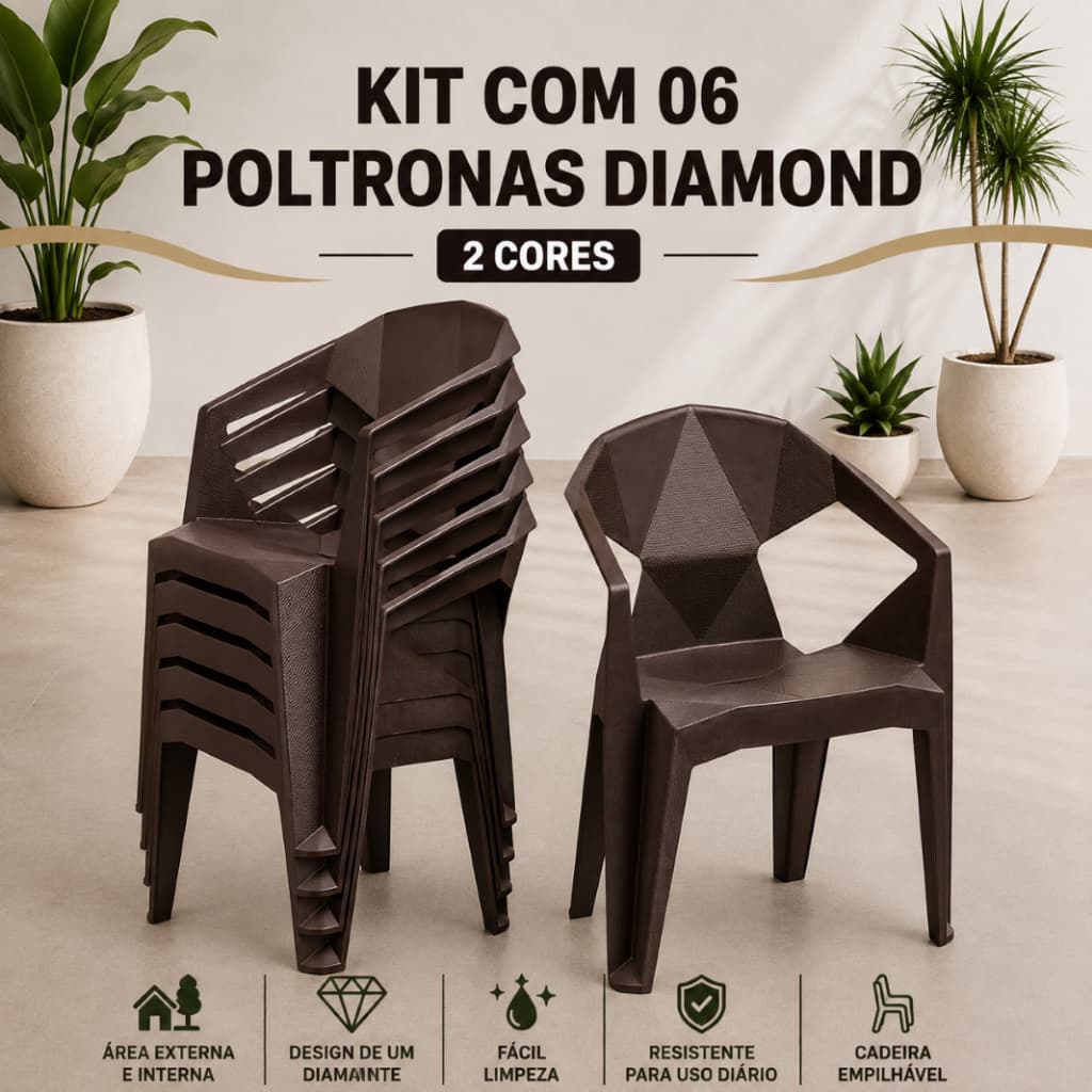 Kit 6 Poltrona Reforçada Diamond Empilhável Escritório Varanda Piscina Salão Jardim Lazer Casa