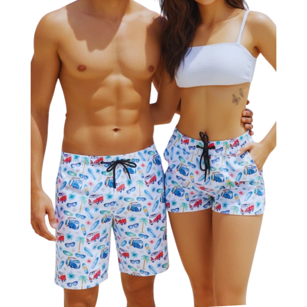 Kit Casal Moda Praia – Bermudas Combinando para Namorados Conforto, Estilo e Liberdade