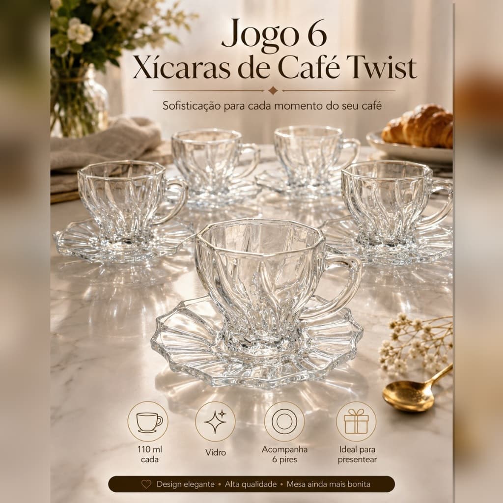 Jogo 6 Xícaras de Café com Pires Wolff Twist 110ml Vidro Transparente 12 Peças