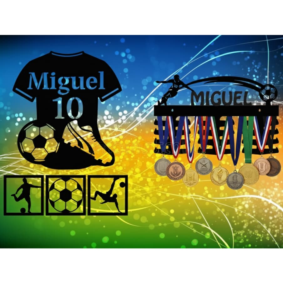 Kit Exclusivo: Porta Medalhas Personalizado + Quadros Camisa de Futebol com Nome em MDF 3mm Decorativo Dia das Crianças