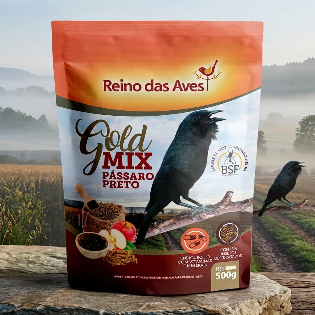 Ração Gold Mix Pássaro Preto 500g Alimento para Aves Reino das Aves