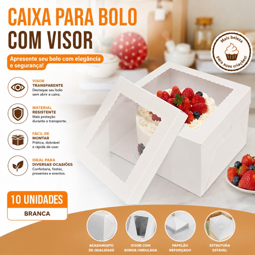 Kit 10 Caixas para Bolo Alto 25x25x20cm Brancas em Papelão com Visor Transparente
