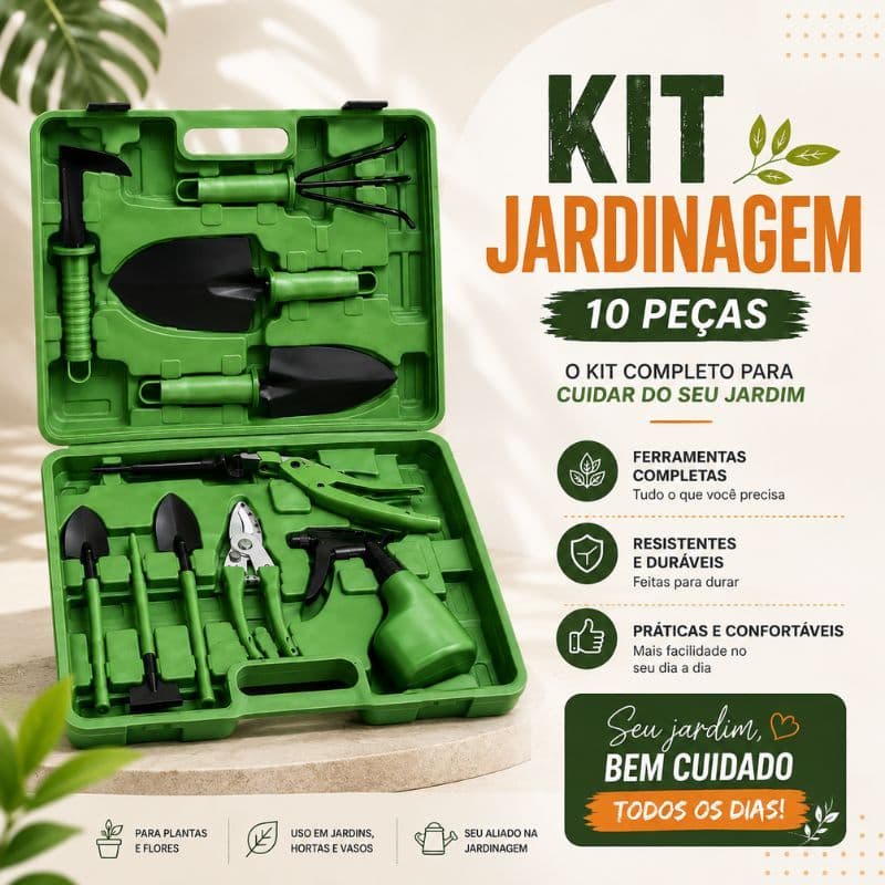 Maleta Ferramentas para Jardinagem Kit 5/10 Peças Pá Tesoura Poda Cultivador Plantas Horta