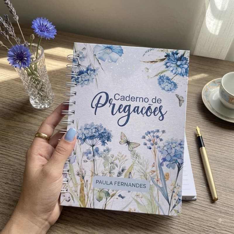 Caderno de Pregações Personalizado A5 Floral Azul | 186 Páginas Decoradas