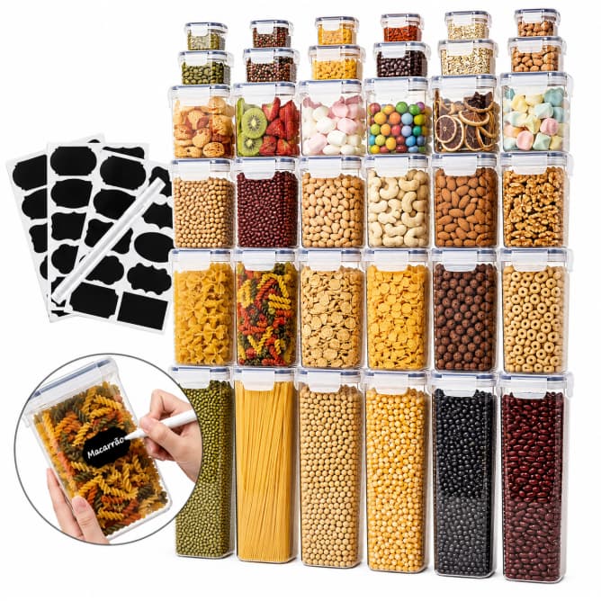Kit 14 Potes Herméticos para Mantimentos Organizador Cozinha Despensa com Etiquetas