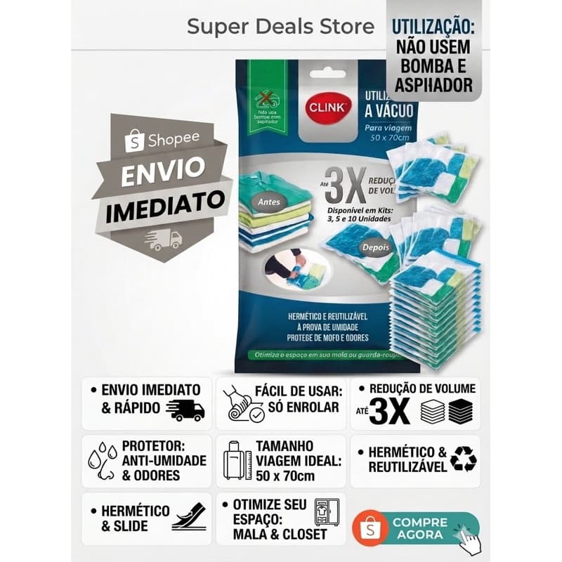 Kits 3 5 10 Saco A Vácuo Para Viagem Sem Bomba Organizador De Roupas Para Malas e Guarda Roupas