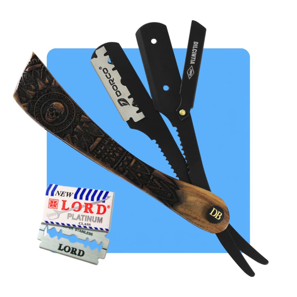 Navalhete Barbeiro Profissional Cabo Madeira Nobre Talhada Aço Inox Case + 10 Lâminas Navalha Barba