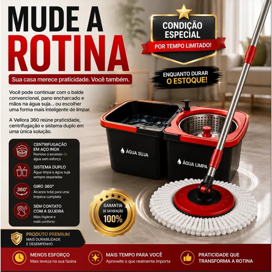 Mop Giratório Vellora 360° com Balde Duplo, Centrífuga em Aço Inox e Refil Microfibra