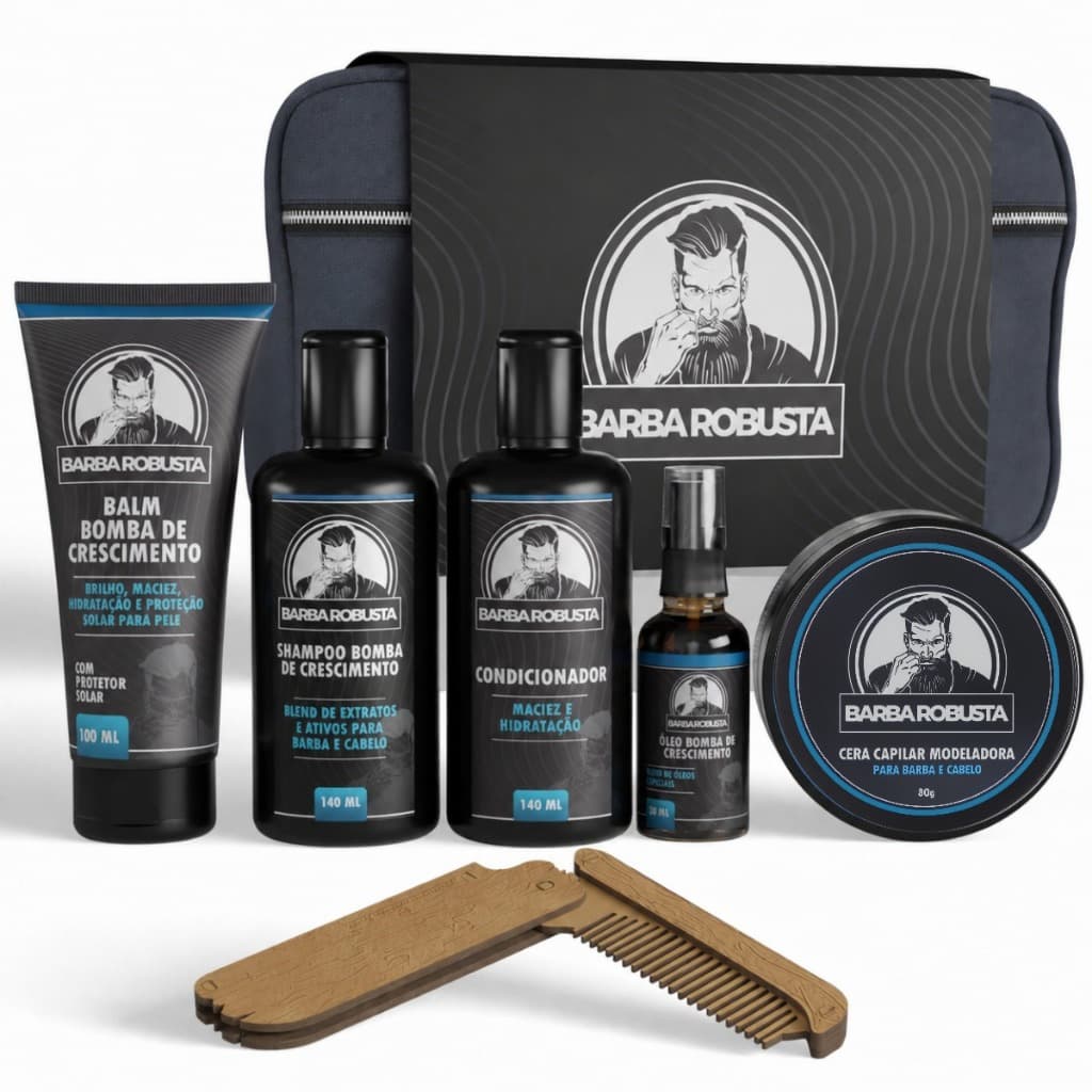 Kit Para Barba Shampoo, Balm, Condicionador, Óleo, Cera + Pente + Necessaire