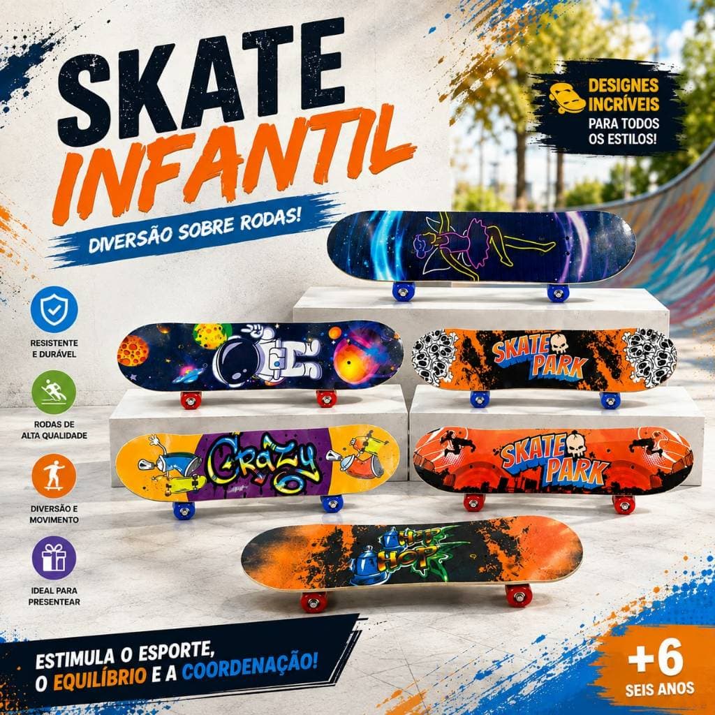 Kit Skate Infantil Toys & Toys com Equipamentos de Proteção Acessórios Capacete Joelheiras Cotoveleiras +6 Anos