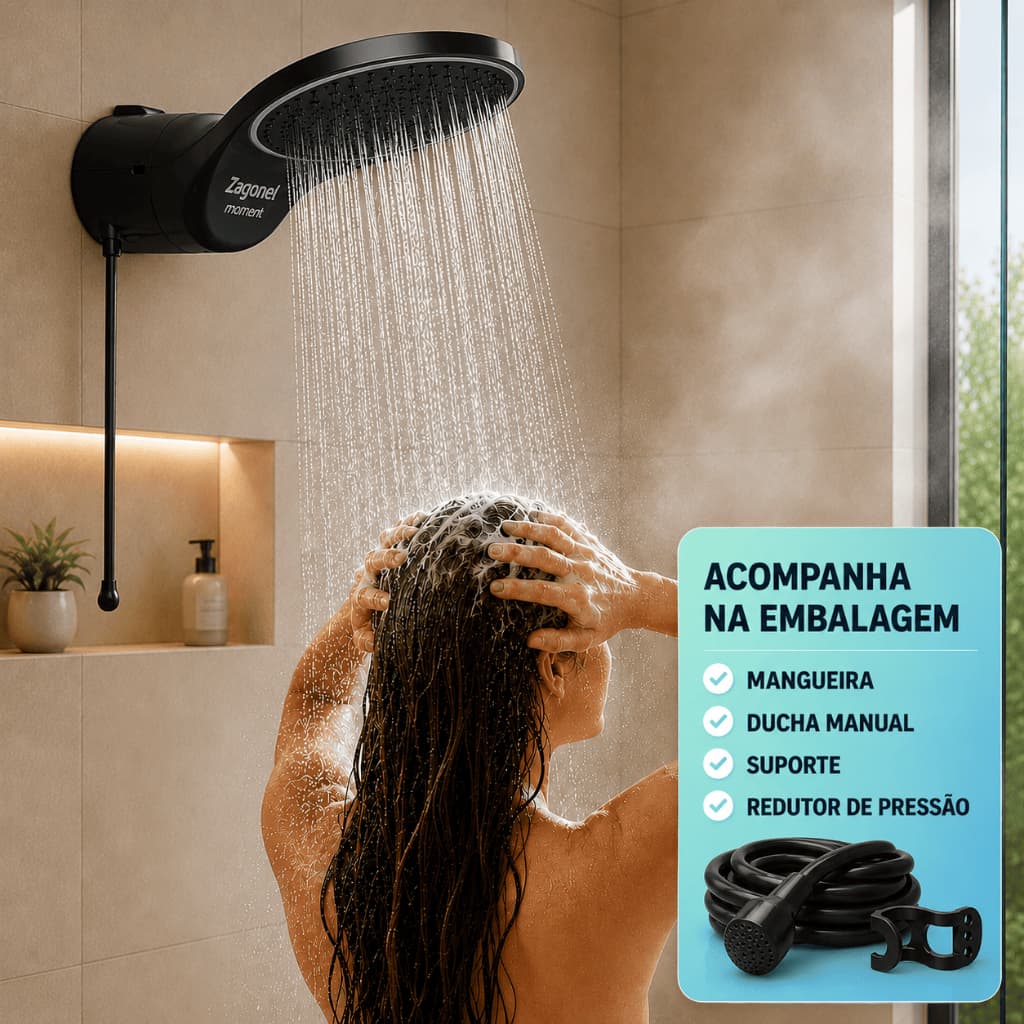 Ducha Chuveiro Eletrônica Zagonel Moment Preto 127v 220v Potente Quente Grande Baixa Pressão