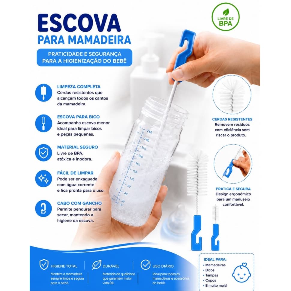 Kit Bebê Escova limpeza Mamadeira, Bicos e Mamadeiras Infantil
