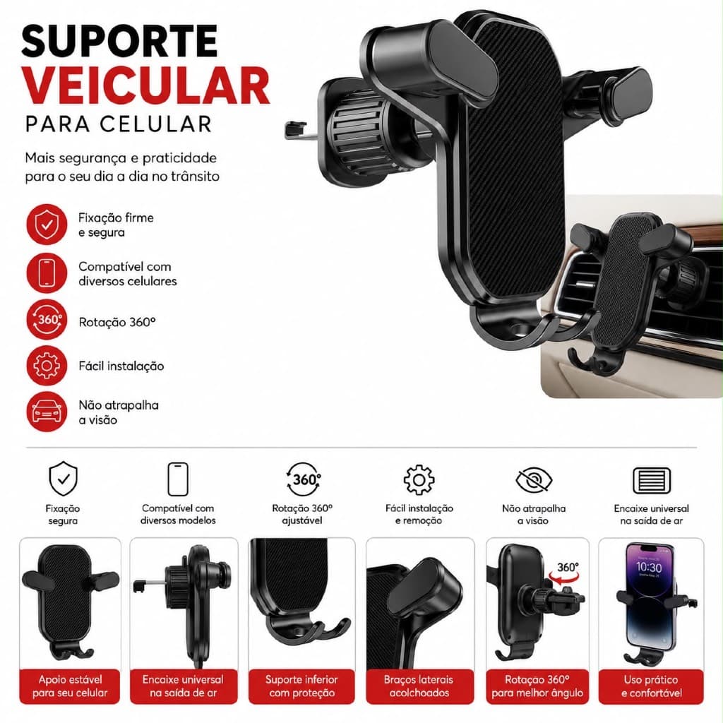 SUPORTE PARA CELULAR VEÍCULO SUPORTE DE CELULAR SAÍDA DE AR UNIVESAL SUPORTE VEICULAR