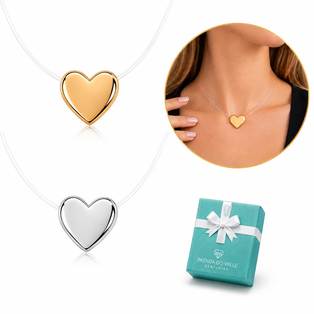 Colar Coração Feminino Fio de Nylon Semijoia Banho Ouro 18K ou Prata