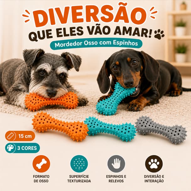Mordedor Pet Osso com Espinhos para Cães Brinquedo Borracha Massageador Dental 15cm