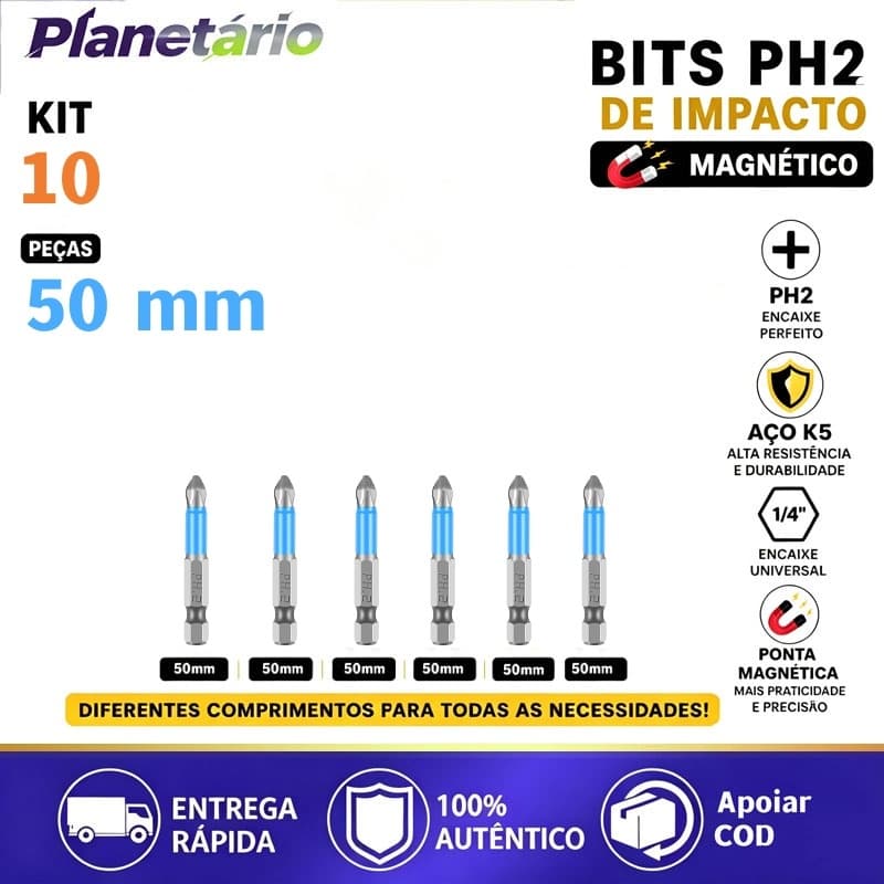 Kit Jogo de Bits de Chave Philips PH2 Ponteira Magnético Impacto Parafusadeira Sextavado Imã 10 PcsAnti Antiderrapante