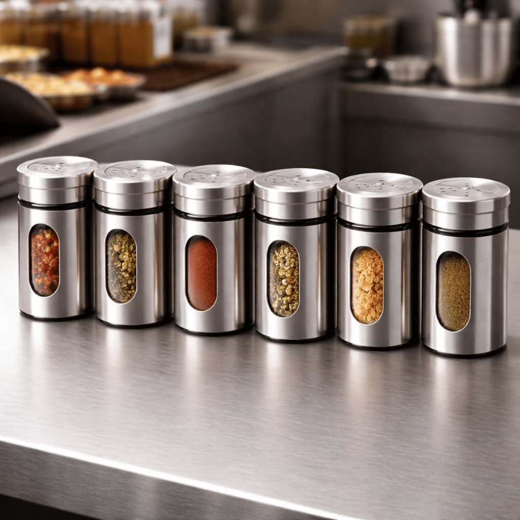 Kit Porta Saleiro Tempero Pimenteiro Inox com VIDRO INTERNO 100ml Sal Temperos Porta Condimento