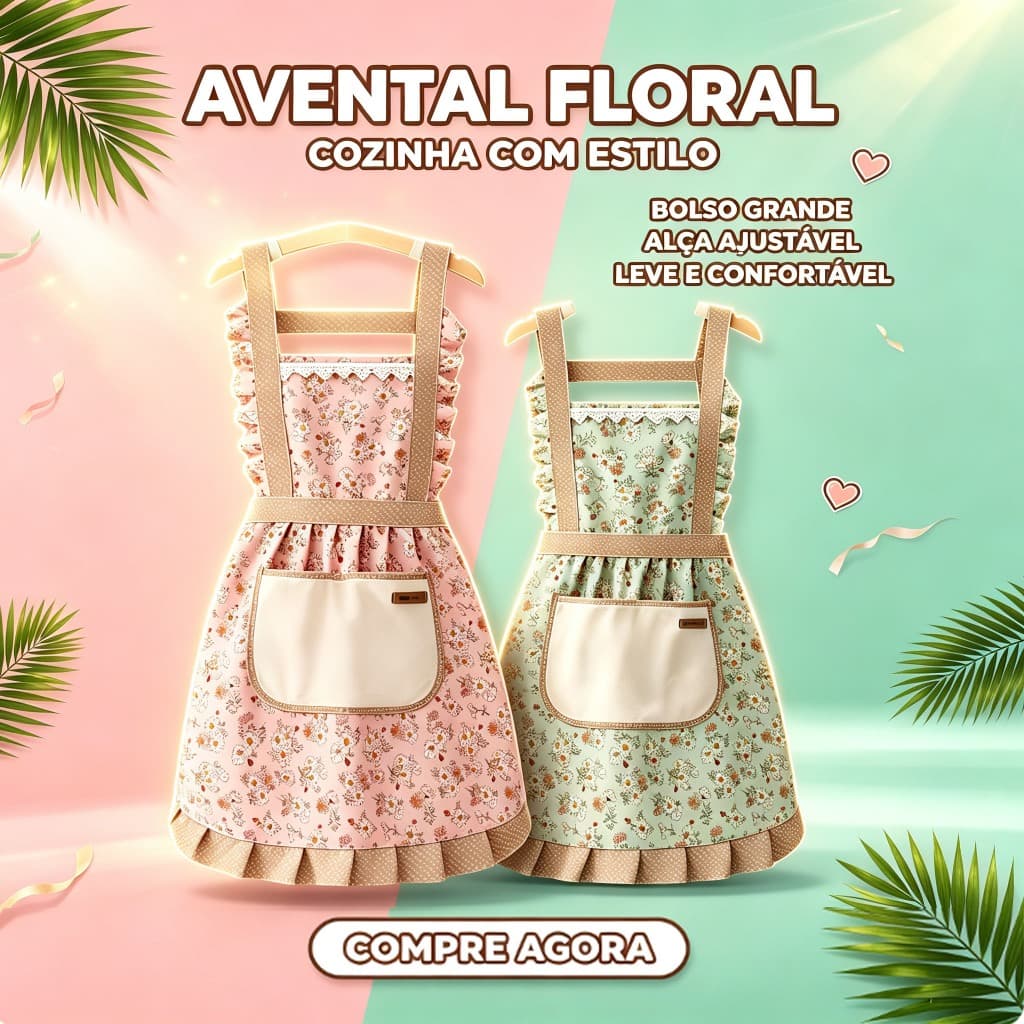 Avental Floral Feminino para Cozinha com Bolso Grande Confortável