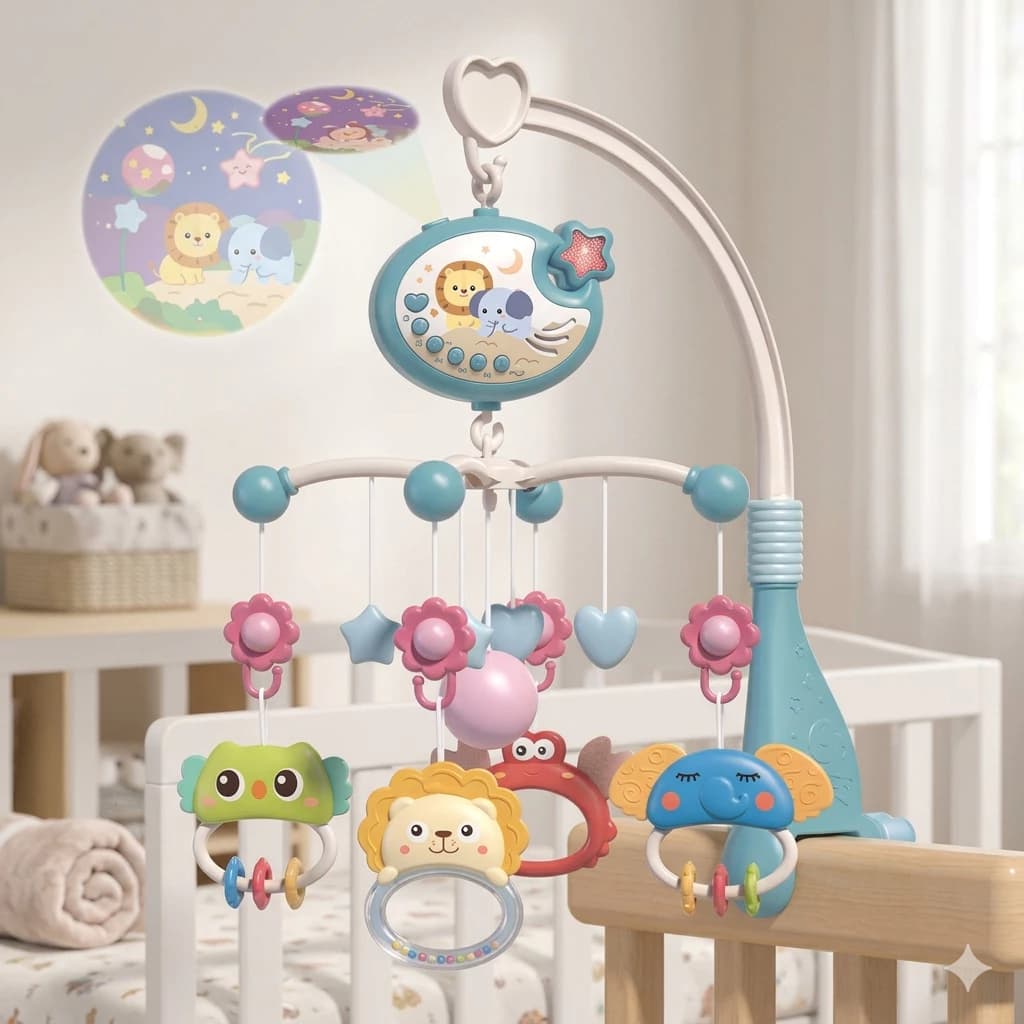 Mobile Musical Berço Bebê Controle Remoto Projetor Luz Estrelas Rotação 360 Rosa Azul