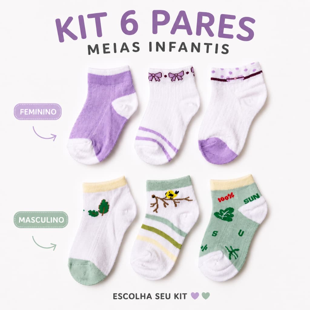 Kit 6 Pares Meias Infantil Menino Menina Cano Curto Confortável