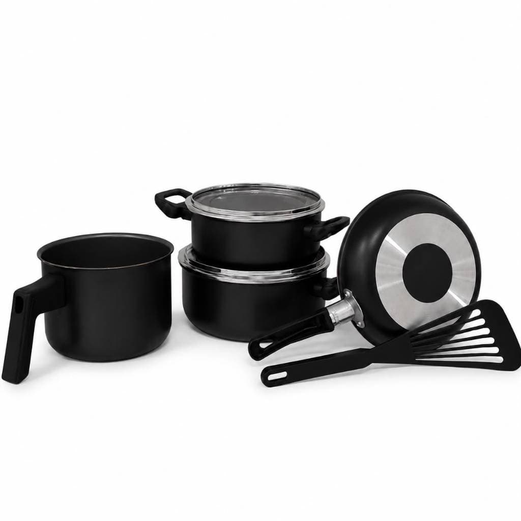 Kit 5 pecas jogo de panela tampa de vidro cacarola antiaderente teflon canecao e espatula preta