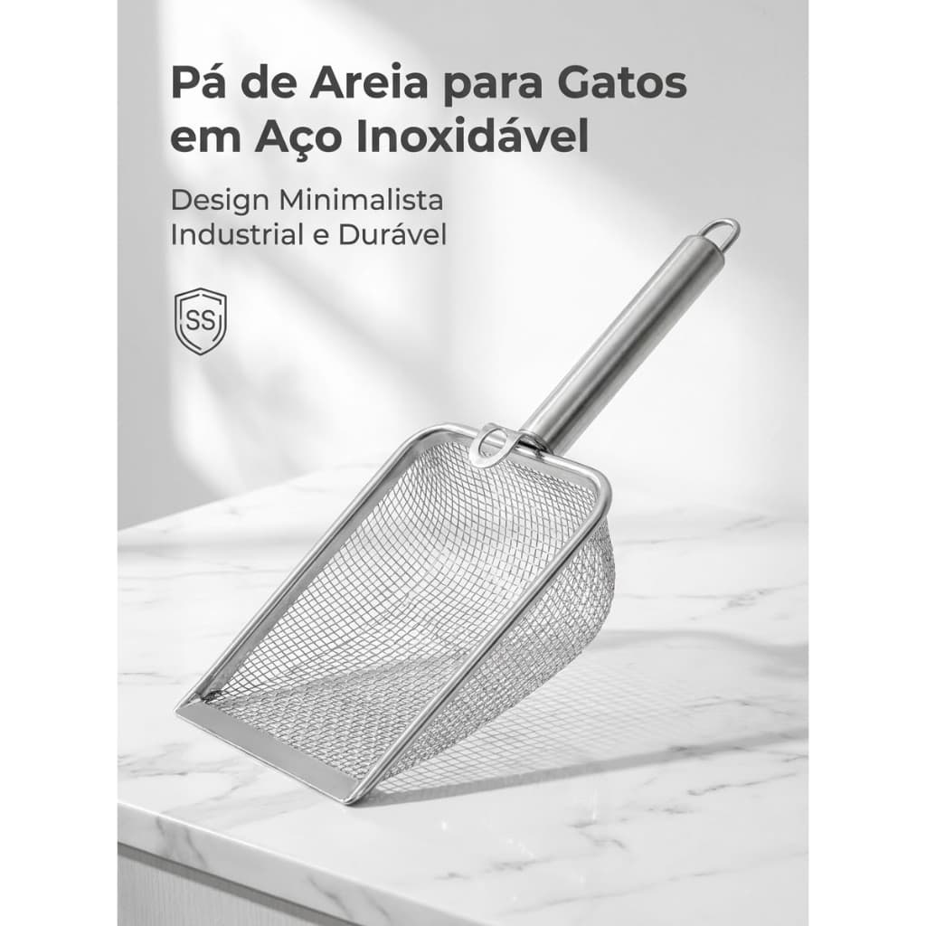 Pá de Areia para Gatos em Aço Inoxidável com Malha Fina Coletor de Fezes para Caixa de Areia