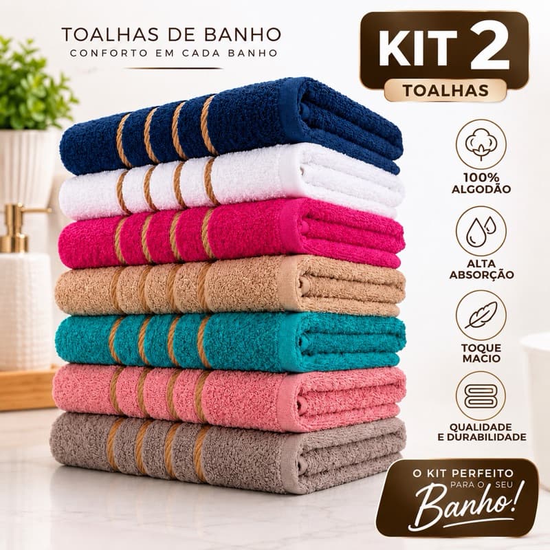 Kit 2 Toalhas de Banho Ouro Banhão Grande Premium 70x130 100% Algodão Macia Ultra Luxo