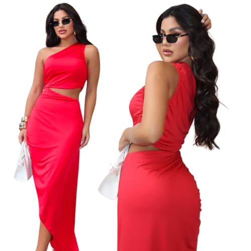 Vestido Longo Suplex Feminino Um Ombro Elegante Liso Moda Gringa Blogueira Aberto na barriga Verão
