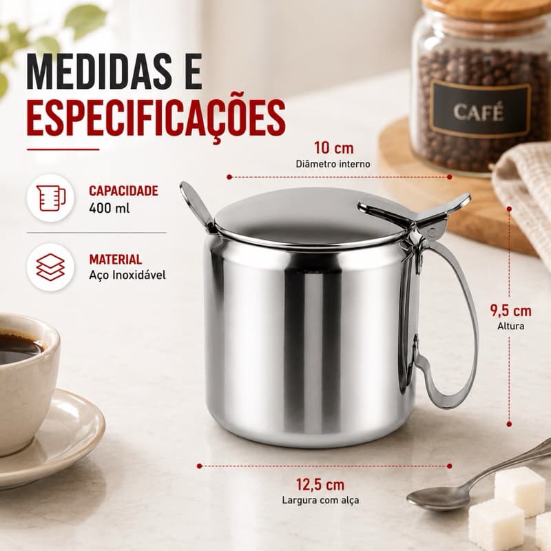Açucareiro Inox 250ml com Colher 15cm Porta Açúcar com Colher Aço Inox