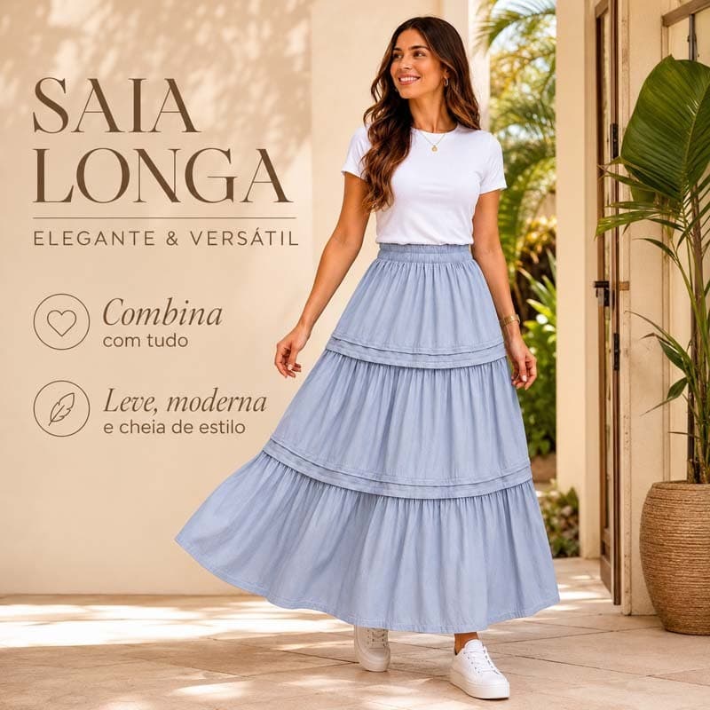 Saia feminina estilosa, longa e fluida, com cintura elástica — ideal para praia, férias, viagens e uso no dia a dia.