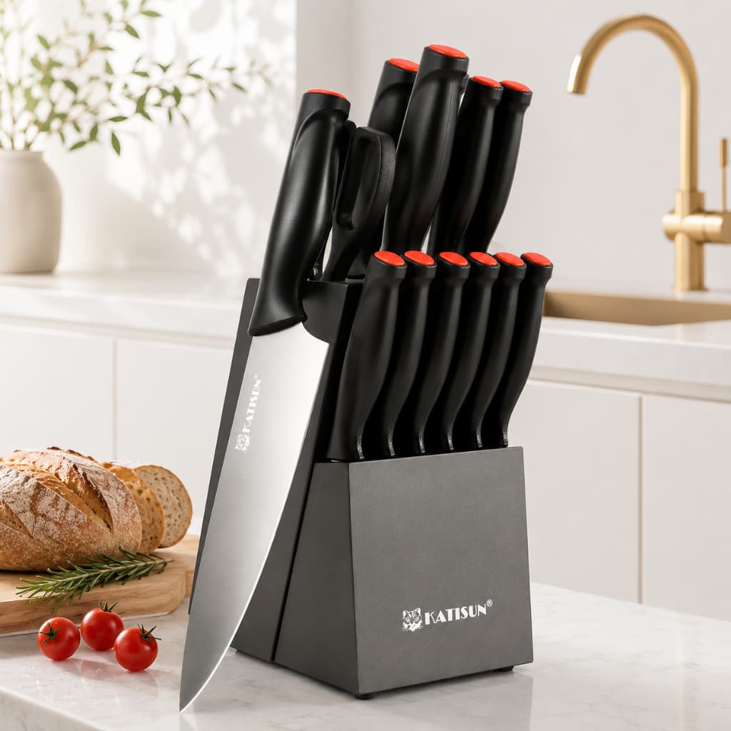 Jogo De Facas Cozinha 15pçs Profissional Com Base E Amolador Lâminas de Aço Inoxidável Alto Carbono