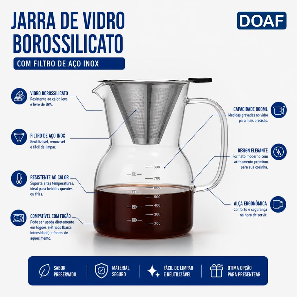 Jarra de Vidro Borossilicato Passador de Café 800 ML com Filtro Inox